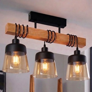 Brilagi - Stropni lestenec WOOD GLASS 3xE27/60W/230V borovica/črna/dimno rjava