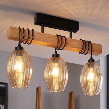Brilagi - Stropno pritrjen lestenec WOOD GLASS 3xE27/60W/230V borovina/črna/dimljeno bež