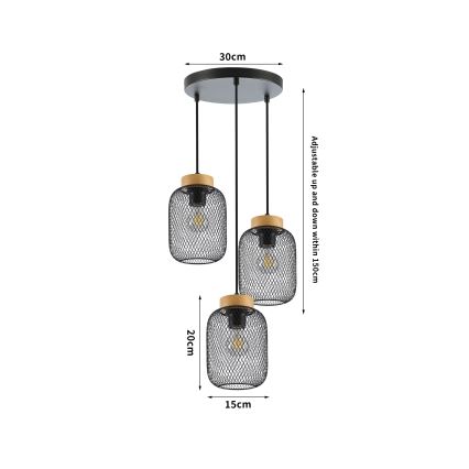 Brilagi - Viseča svetilka na vrvici BASKLITE 3xE27/15W/230V gumi les/črna