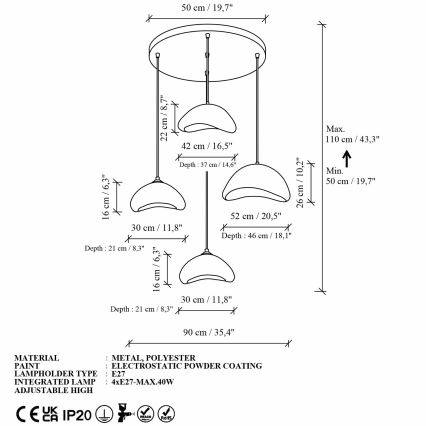 Brilagi - Viseči lestenec na kablu LUNA 4xE27/40W/230V, Ø 90 cm, bela