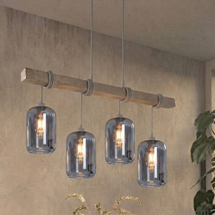 Brilagi - Lestenec na kablu WOOD GLASS 4xE27/60W/230V borovica/siva/dimno siva