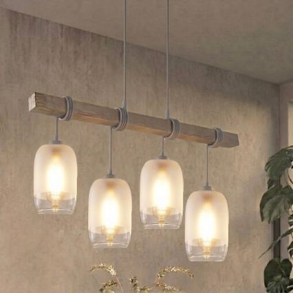 Brilagi - viseči lestenec na kablu WOOD GLASS 4xE27/60W/230V borovina/siva/bela