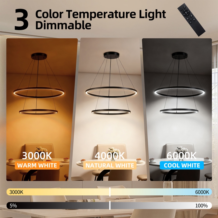 Brilagi - LED z možnostjo zatemnitve, viseči lestenec na kablu PORTOFINO LED/98W/230V 3000-6000K premer 80 cm črna + daljinski upravljalnik