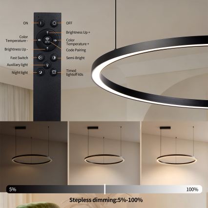 Brilagi - Zatemljiv LED lestenec na kablu PORTOFINO LED/60W/230V 3000–6000K Ø 80 cm črn + daljinski upravljalnik
