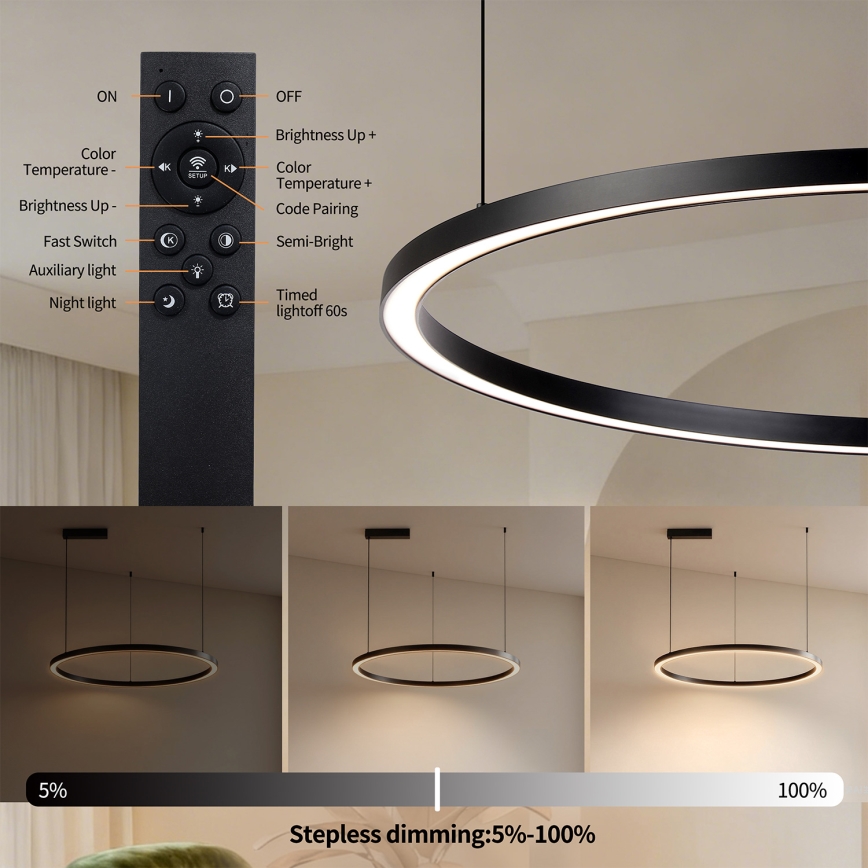Brilagi - zatemnljiv LED lestenec na kablu PORTOFINO LED/60W/230V 3000-6000K premer 80 cm črna + daljinski upravljalnik