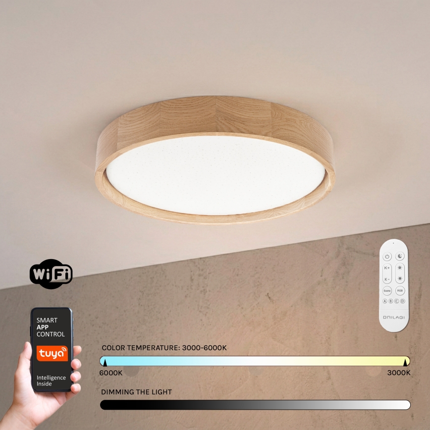Brilagi - LED stropna svetilka z možnostjo zatemnitve MANAROLA SMART STARS LED/24W/230V 3000-6000K Wi-Fi Tuya Beacon premer 41 cm hrast + daljinski upravljalnik