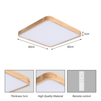 Brilagi - Zatemnjevalna LED stropna svetilka WOODLINE SQUARE LED/80W/230V 3000-6000K hrast 60x60 cm + daljinski upravljalnik