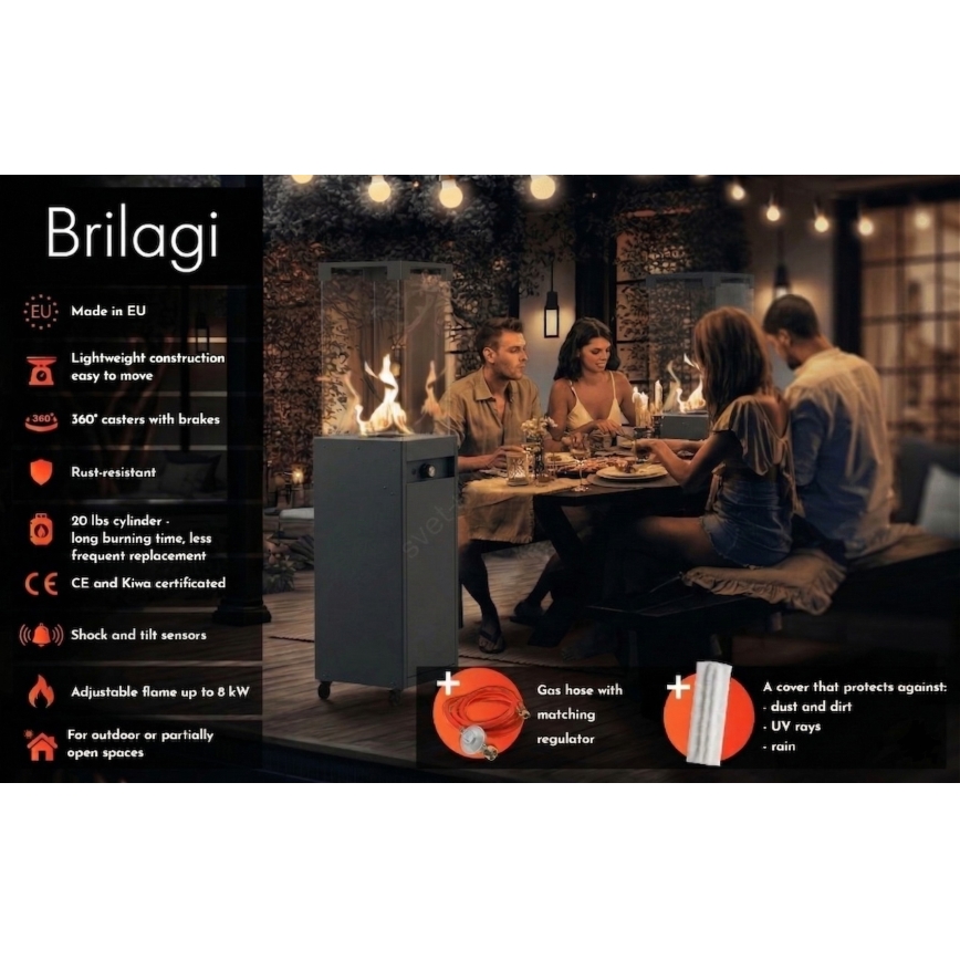 Brilagi - Zunanji plinski kamin FLARO GAS 142x36 cm 8kW 1xAAA antracit + zaščitni pokrov