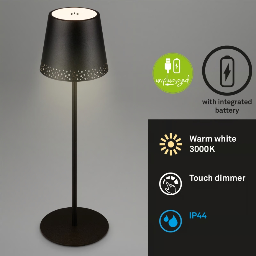 Brilo - KIKI LED zatemnjiva polnilna zunanja namizna svetilka, upravljanje na dotik, LED/2,6W/5V, IP44, 2600 mAh, črna