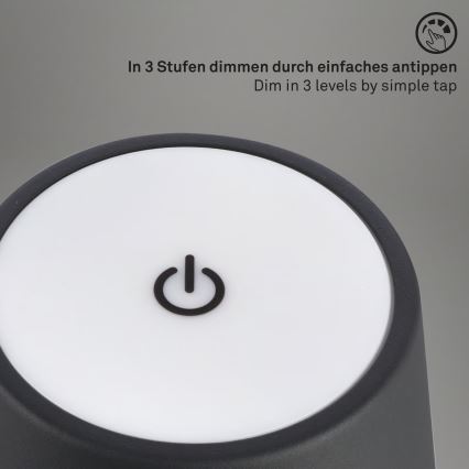 Brilo - KIKI LED zatemnjiva polnilna zunanja namizna svetilka, upravljanje na dotik, LED/2,6W/5V, IP44, 2600 mAh, črna