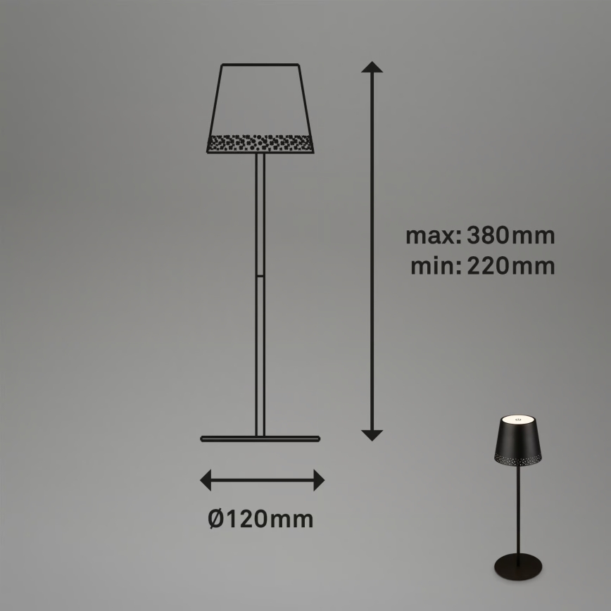 Brilo - KIKI LED zatemnjiva polnilna zunanja namizna svetilka, upravljanje na dotik, LED/2,6W/5V, IP44, 2600 mAh, črna