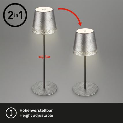 Brilo - KIKI LED polnilna namizna zunanja svetilka, z upravljanjem na dotik in nastavljivo svetlostjo, LED/2,6W/5V, IP44, 2600 mAh, srebrna