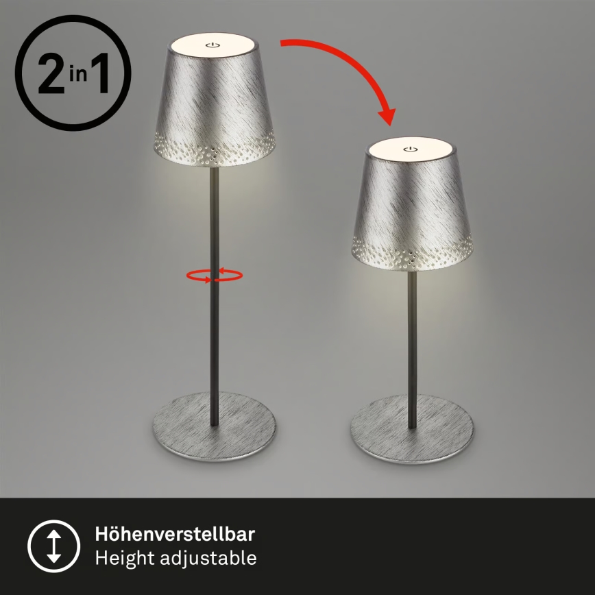 Brilo - KIKI LED polnilna namizna zunanja svetilka, z upravljanjem na dotik in nastavljivo svetlostjo, LED/2,6W/5V, IP44, 2600 mAh, srebrna