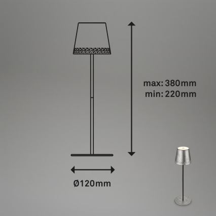 Brilo - KIKI LED polnilna namizna zunanja svetilka, z upravljanjem na dotik in nastavljivo svetlostjo, LED/2,6W/5V, IP44, 2600 mAh, srebrna