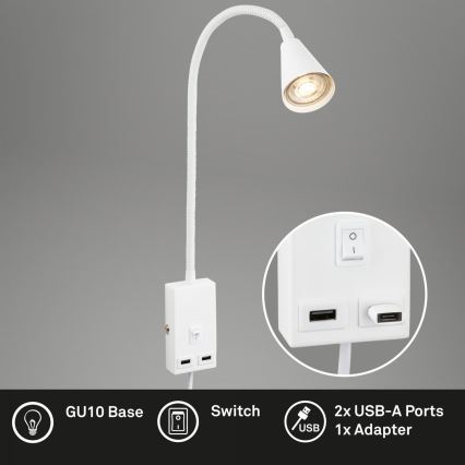 Briloner 2175-016 - Nastavljiva stenska svetilka z USB priključkom 1xGU10/10W/230V bela