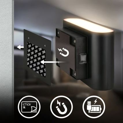Briloner 3878015 - LED polnilna stenska svetilka s senzorjem gibanja in mraka CHAT LED/3W/5V 2000 mAh črna