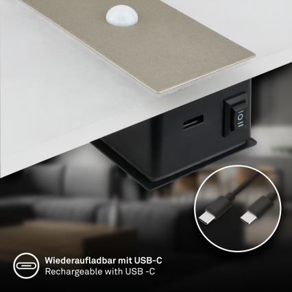 Briloner 3888012 - LED polnilna stenska svetilka AURA z zaznavanjem gibanja in mraka, 2,5W/5V, 1800 mAh, mat krom