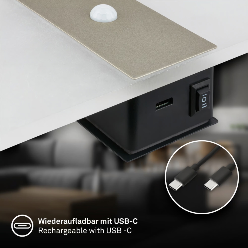 Briloner 3888012 - LED polnilna stenska svetilka AURA z zaznavanjem gibanja in mraka, 2,5W/5V, 1800 mAh, mat krom