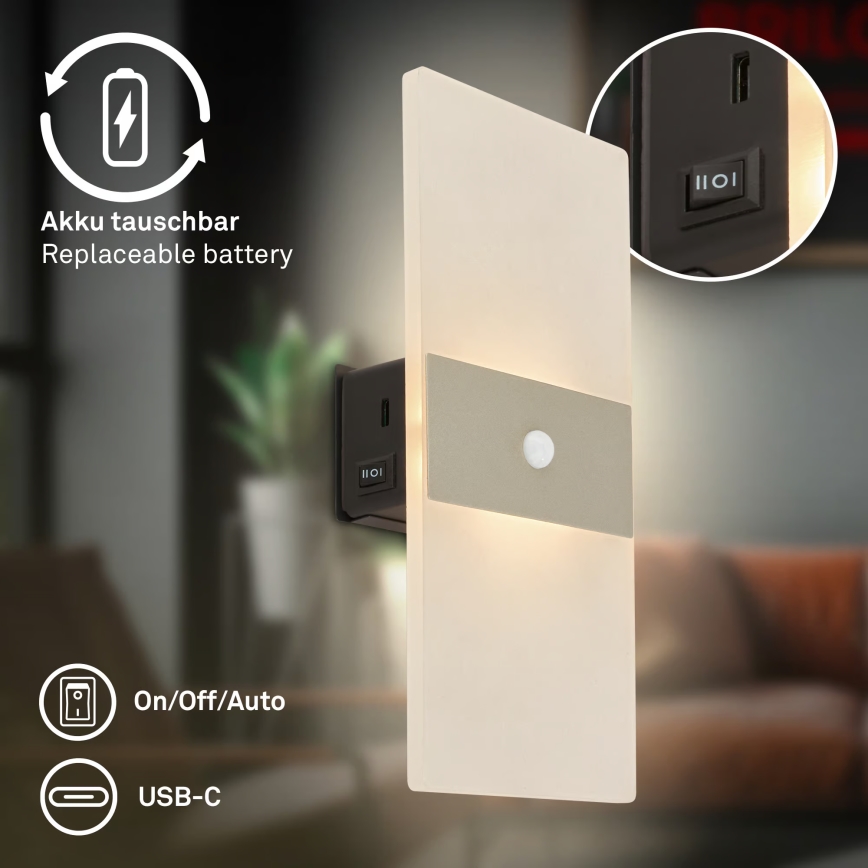 Briloner 3888012 - LED polnilna stenska svetilka AURA z zaznavanjem gibanja in mraka, 2,5W/5V, 1800 mAh, mat krom
