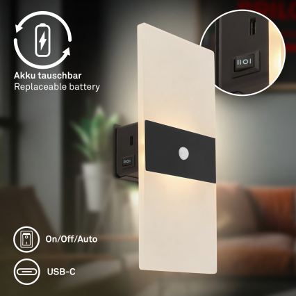 Briloner 3888015 - LED polnilna stenska svetilka s senzorjem gibanja in mraka AURA LED/2,5W/5V 1800 mAh črna