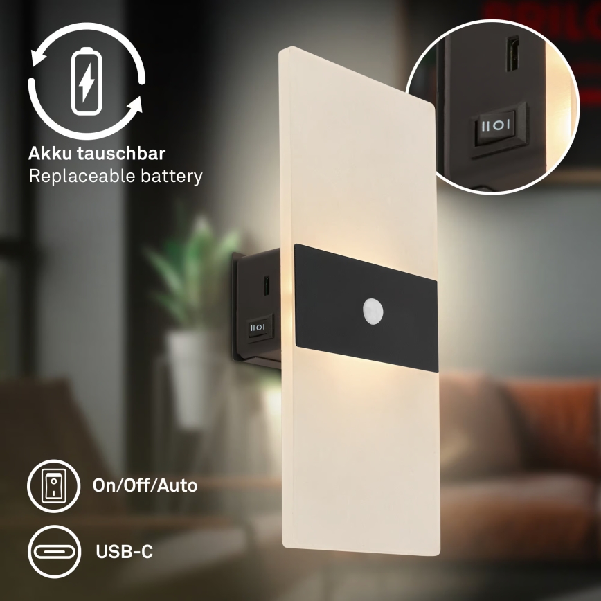 Briloner 3888015 - LED polnilna stenska svetilka s senzorjem gibanja in mraka AURA LED/2,5W/5V 1800 mAh črna
