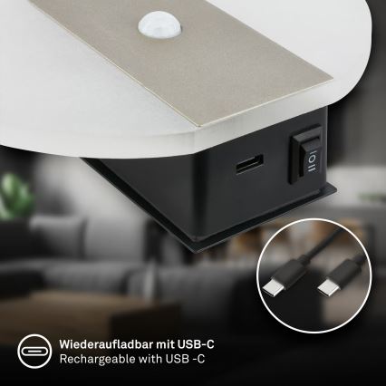 Briloner 3889012 - LED polnilno stensko svetilo s senzorjem gibanja in mraka TARO LED/2,5W/5V 1800 mAh matni krom