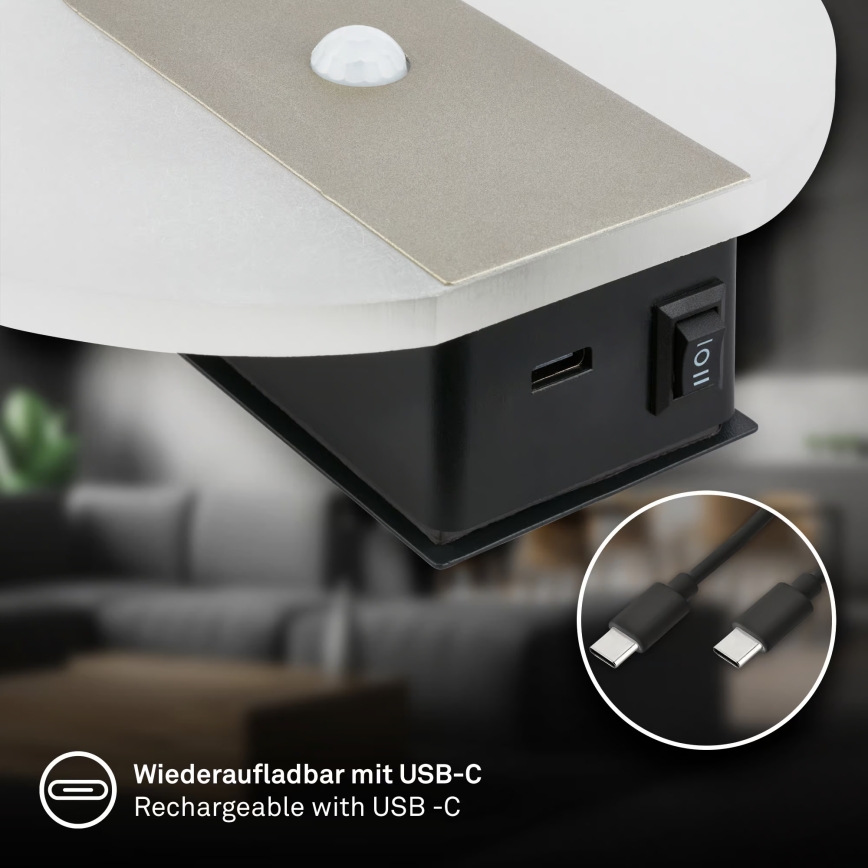 Briloner 3889012 - LED polnilno stensko svetilo s senzorjem gibanja in mraka TARO LED/2,5W/5V 1800 mAh matni krom