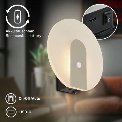 Briloner 3889012 - LED polnilno stensko svetilo s senzorjem gibanja in mraka TARO LED/2,5W/5V 1800 mAh matni krom