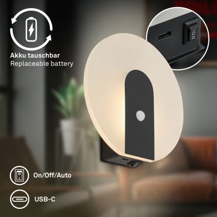 Briloner 3889015 - polnilna LED stenska svetilka TARO s senzorjem gibanja in senzorjem za temo, LED/2,5W/5V, 1800 mAh, črna