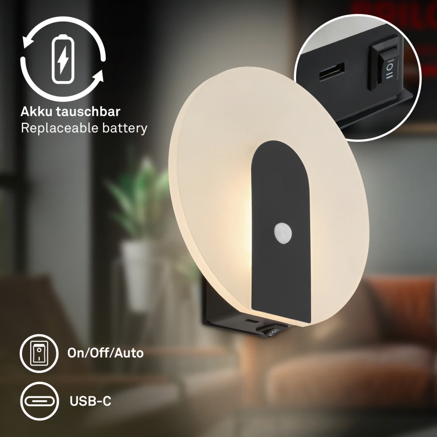 Briloner 3889015 - polnilna LED stenska svetilka TARO s senzorjem gibanja in senzorjem za temo, LED/2,5W/5V, 1800 mAh, črna