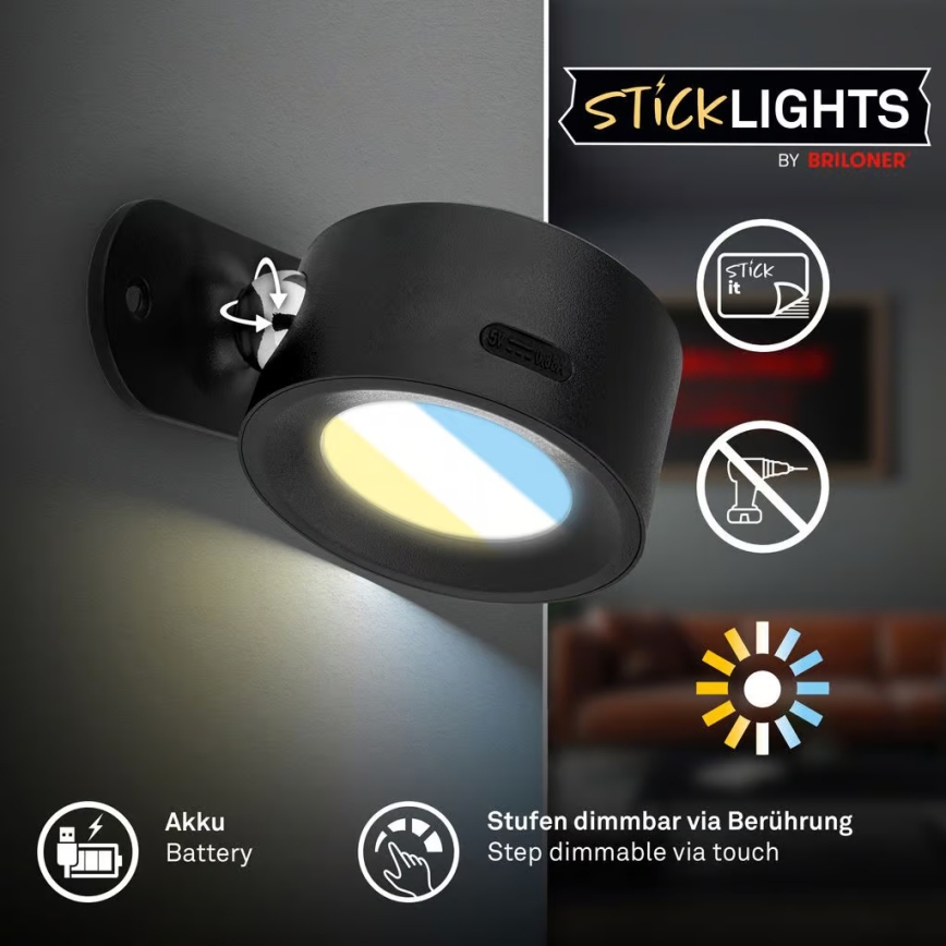 Briloner 3896015 - LED polnilna stenska svetilka TARI z zatemnitveno funkcijo LED/1,6W/5V 1500 mAh črna