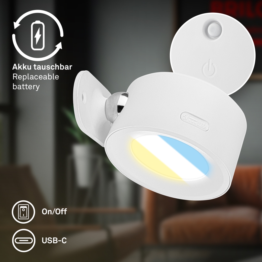 Briloner 3896016 - Polnilna zatemnljiva LED stenska svetilka TARI LED/1,6W/5V 1500 mAh bela