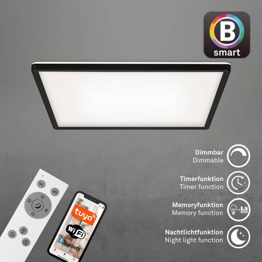 Briloner 7060-015 - SLIM LED zatemljiv površinski panel LED/22W/230V 2700-6500K 42x42 cm črna Wi-Fi Tuya + daljinski upravljalnik