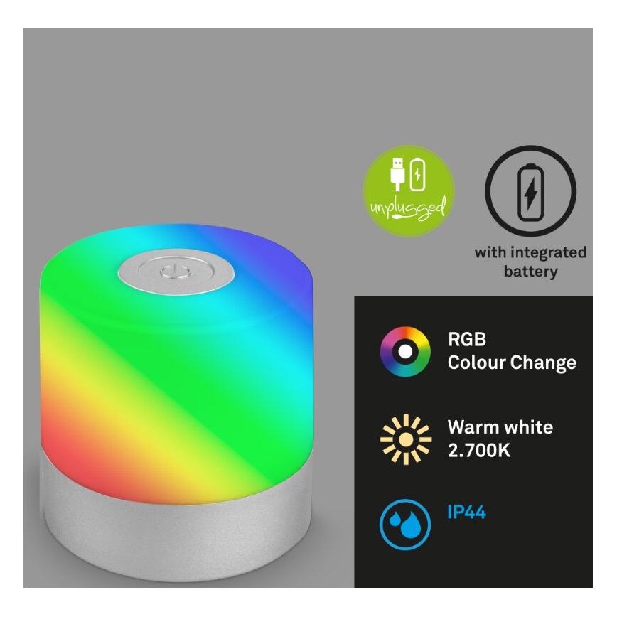 Briloner 7462014 - LED RGB Polnilni zunanja namizna svetilka LED/1,5W/5V IP44 1200 mAh mat krom