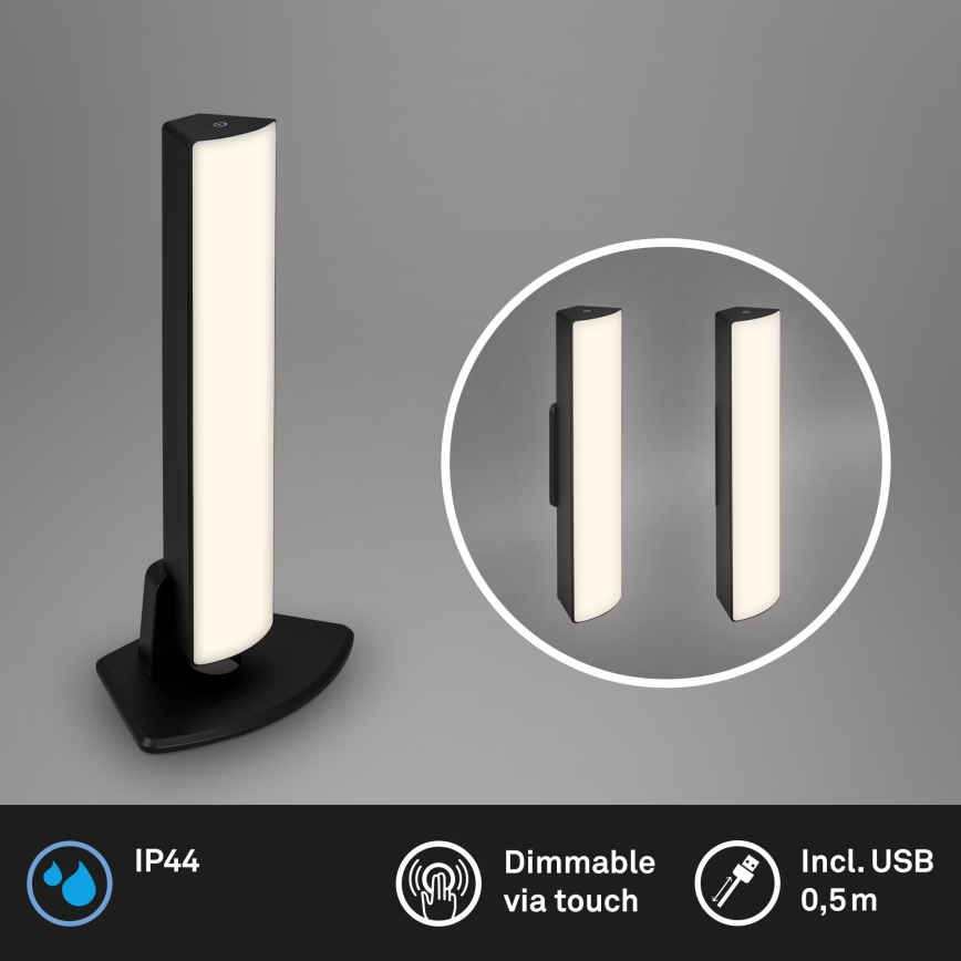 Briloner 7474-015 - LED Zatemnitvena na dotik polnilna zunanja namizna svetilka 2v1 LED/7W/5V 2x2200 mAh USB 3000K IP44 črna