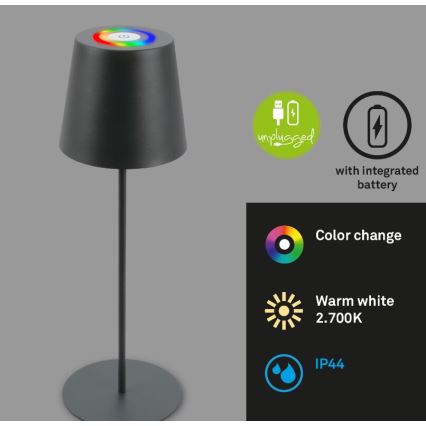Briloner 7507015 - LED RGB Zatemnitvena zunanja polnilna namizna svetilka 2v1 LED/2,5W/5V IP44 antracit