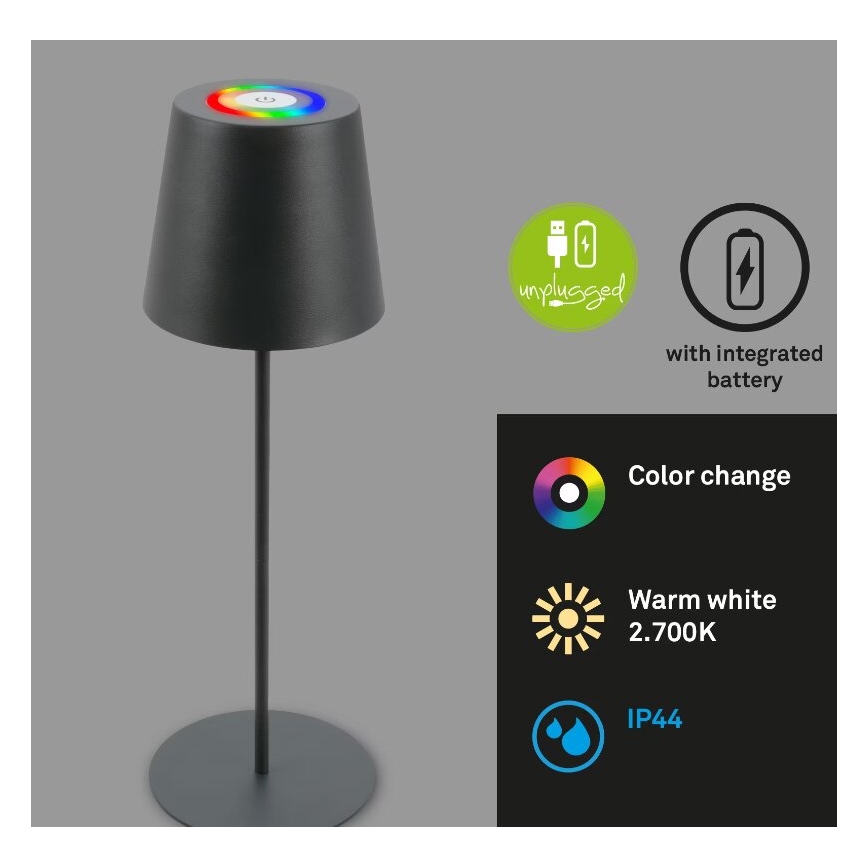 Briloner 7507015 - LED RGB Zatemnitvena zunanja polnilna namizna svetilka 2v1 LED/2,5W/5V IP44 antracit