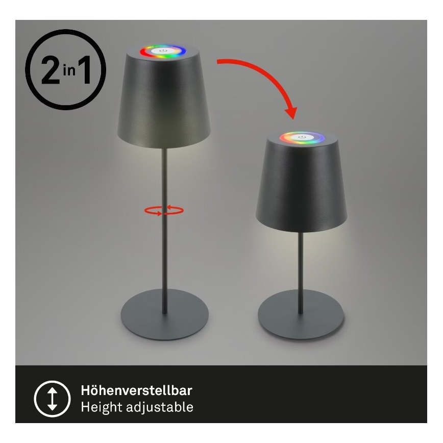 Briloner 7507015 - LED RGB Zatemnitvena zunanja polnilna namizna svetilka 2v1 LED/2,5W/5V IP44 antracit