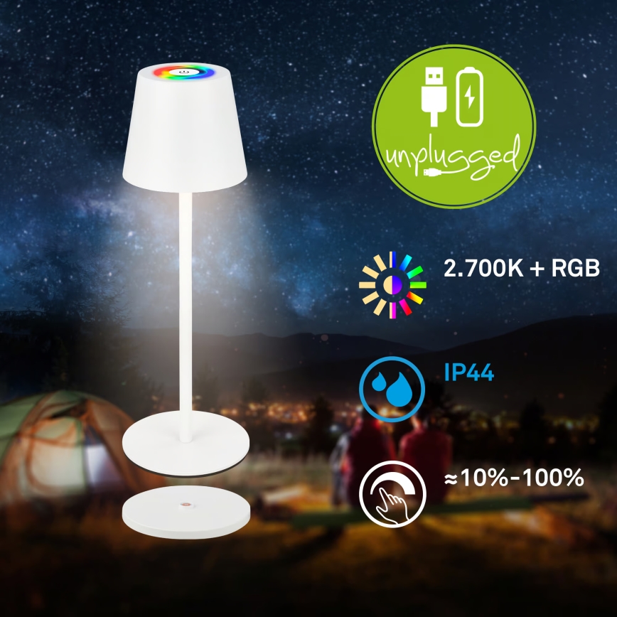 Briloner 7517016 - LED RGBW zatemnjevalna polnilna zunanja namizna svetilka CILANO LED/3W/5V IP44 2000 mAh bela