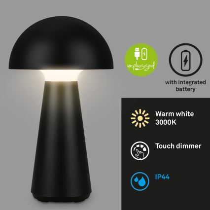 Briloner - LED polnilna namizna zunanja svetilka na dotik z nastavitvijo svetlosti LED/2,6W/5V 3000K IP44 2000 mAh črna