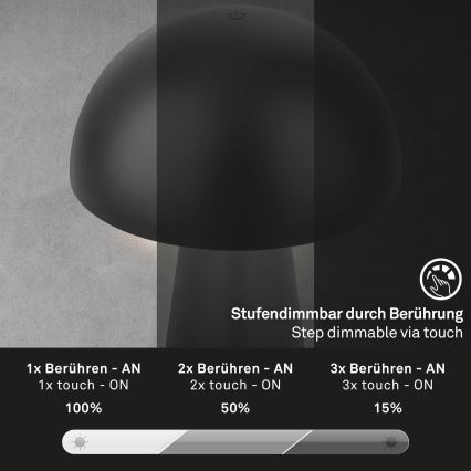 Briloner - LED polnilna namizna zunanja svetilka na dotik z nastavitvijo svetlosti LED/2,6W/5V 3000K IP44 2000 mAh črna
