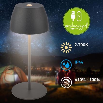 Briloner - LED zatemnjevalna polnilna zunanja namizna svetilka MINI, upravljanje na dotik, LED/2,5W/5V, IP44, 1800 mAh, antracit