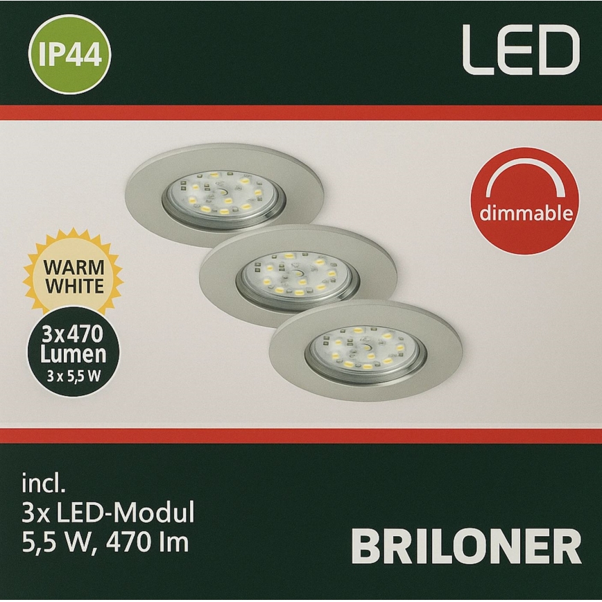 Briloner - SET 3x LED Zatemnitvena kopalniška vgradna svetilka LED/5,5W/230V IP44