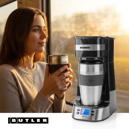 Butler - Aparat za kavo za eno skodelico 0,4 l s časovnikom in potovalnim lončkom 750W/230V iz nerjavečega jekla/črna