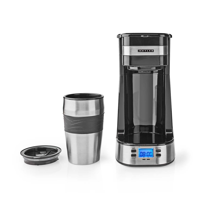 Butler - Aparat za kavo za eno skodelico 0,4 l s časovnikom in potovalnim lončkom 750W/230V iz nerjavečega jekla/črna