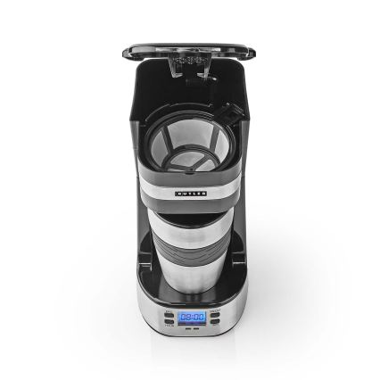 Butler - Aparat za kavo za eno skodelico 0,4 l s časovnikom in potovalnim lončkom 750W/230V iz nerjavečega jekla/črna