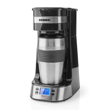 Butler - Aparat za kavo za eno skodelico 0,4 l s časovnikom in potovalnim lončkom 750W/230V iz nerjavečega jekla/črna
