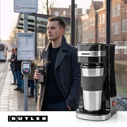 Butler - kavni aparat za eno skodelico 0,4 l s potovalnim lončkom 750 W/230 V nerjaveče jeklo/črna