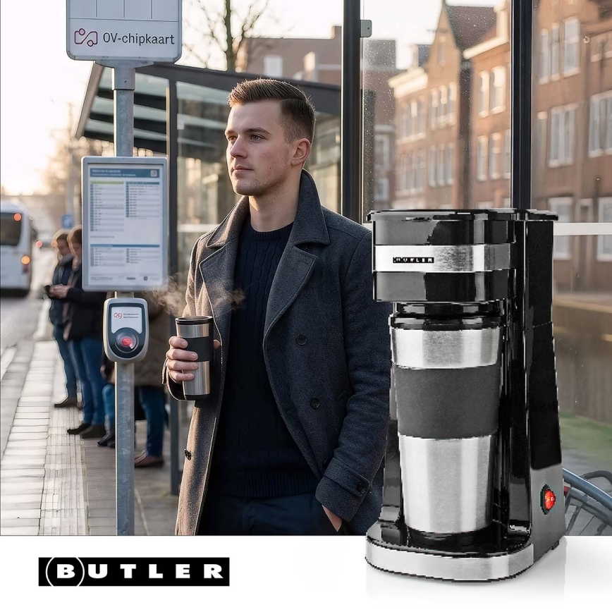 Butler - kavni aparat za eno skodelico 0,4 l s potovalnim lončkom 750 W/230 V nerjaveče jeklo/črna