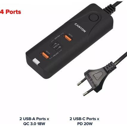 Canyon - Polnilnik 2xUSB A + 2xUSB C Power Delivery 20W